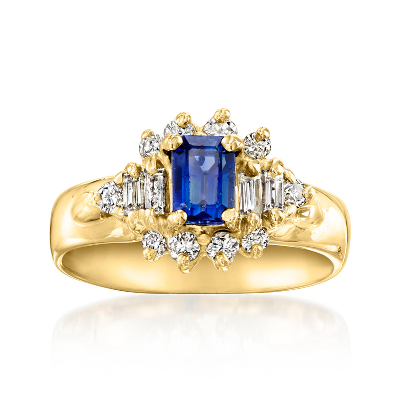 14kt yellow gold ring with emerald-cut blue sapphire and diamond halo