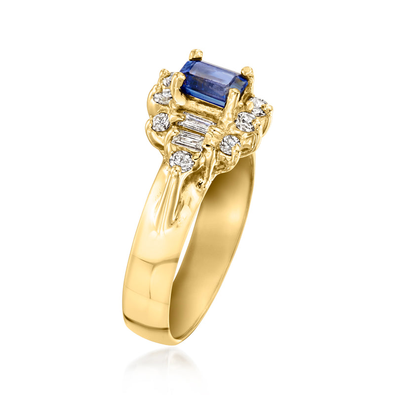 14kt yellow gold ring with emerald-cut blue sapphire and diamond halo