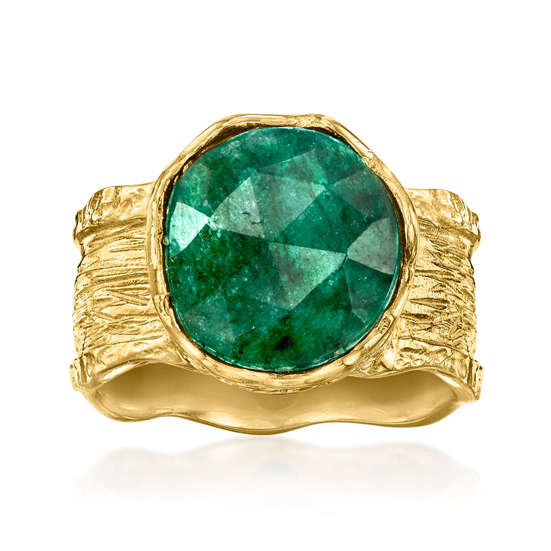 Wide 18kt gold over sterling ring with large oval green gemstone centerpiece
