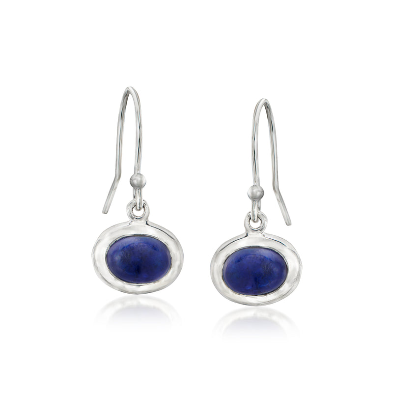 Sterling silver earwire drop earrings with oval deep blue cabochons