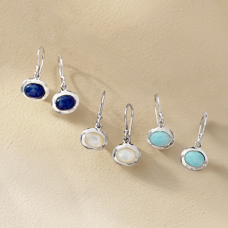 Three-pair sterling silver earwire drop earrings: blue, mother-of-pearl, turquoise