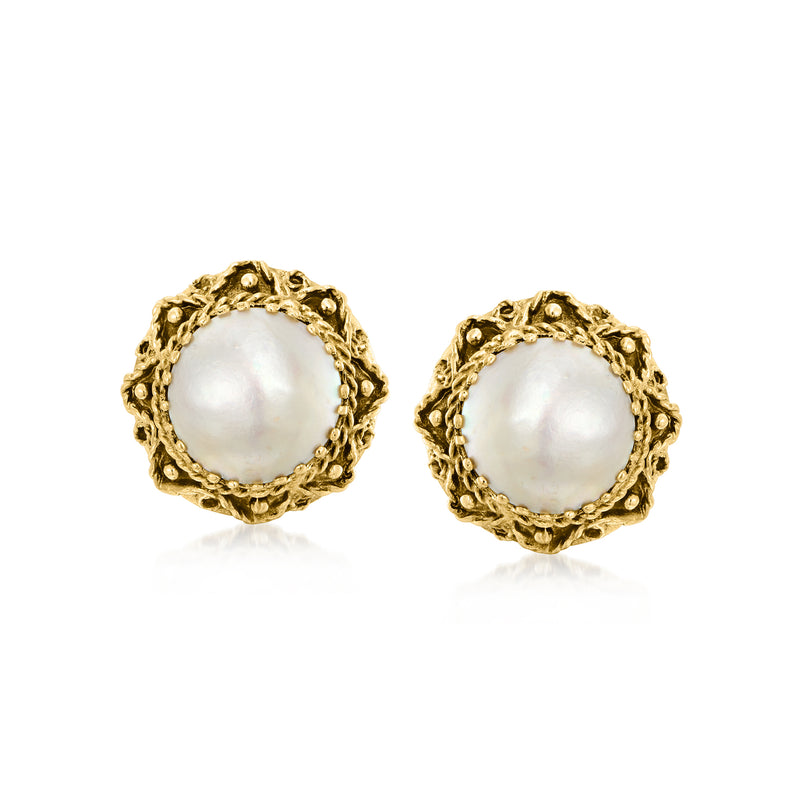 Cultured pearl earrings in 14kt yellow gold with ornate fancy frame, round pearl