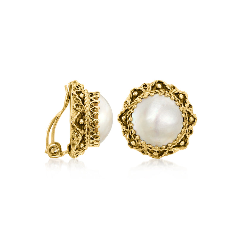 14kt yellow gold clip/post cultured pearl earrings with ornate textured frame, side view