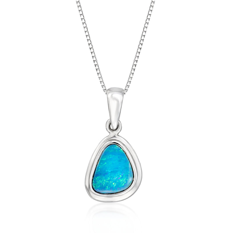 Teardrop opal pendant necklace in white gold, blue iridescent stone on a chain