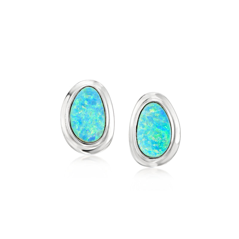 Vintage black opal stud earrings in 14kt white gold, oval bezel with blue-green opal