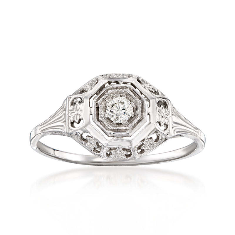Vintage white gold diamond openwork ring with octagonal center stone and scalloped gallery