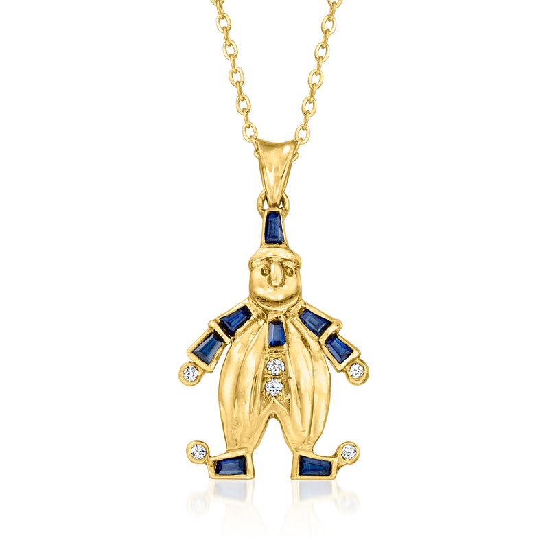 18kt yellow gold clown pendant necklace with blue sapphires and small diamond accents