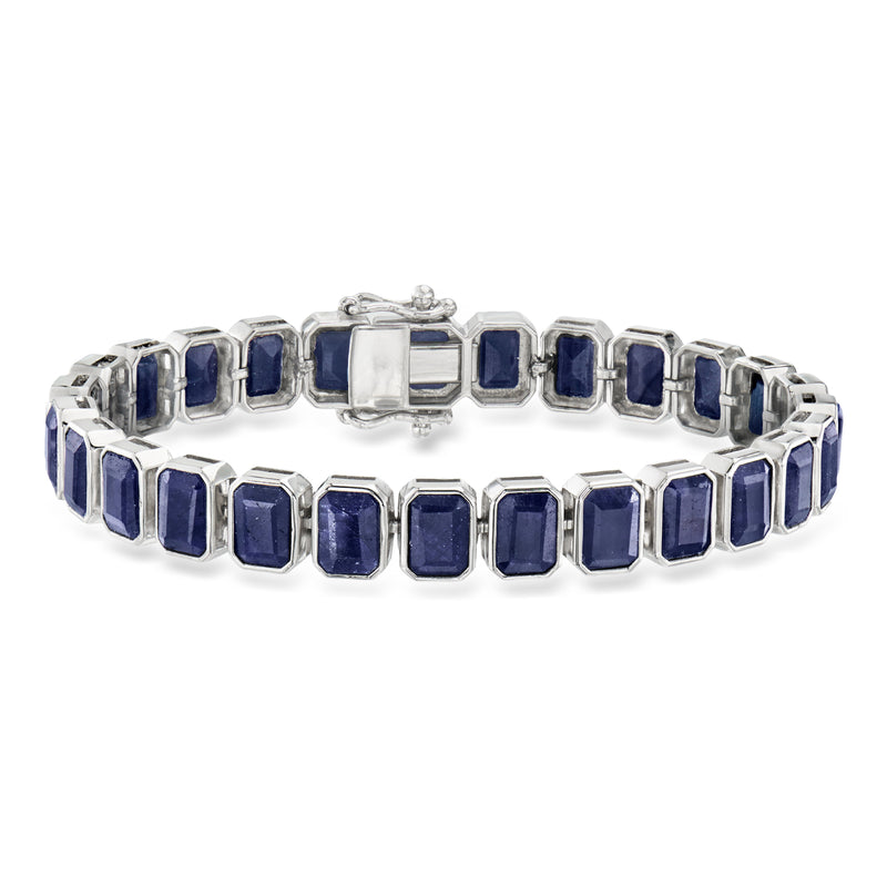 Sterling silver bracelet with bezel-set rectangular sapphire stones in blue