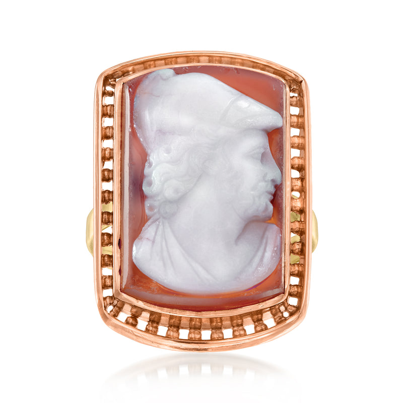 Vintage agate cameo ring with white warrior relief in red bezel, yellow gold band