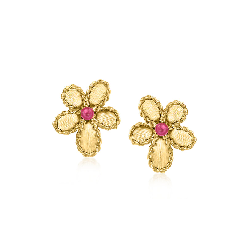 18kt yellow gold flower post earrings with pink rubellite center