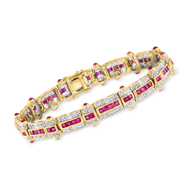 Vintage ruby and diamond tennis bracelet in 14kt yellow gold, square link design