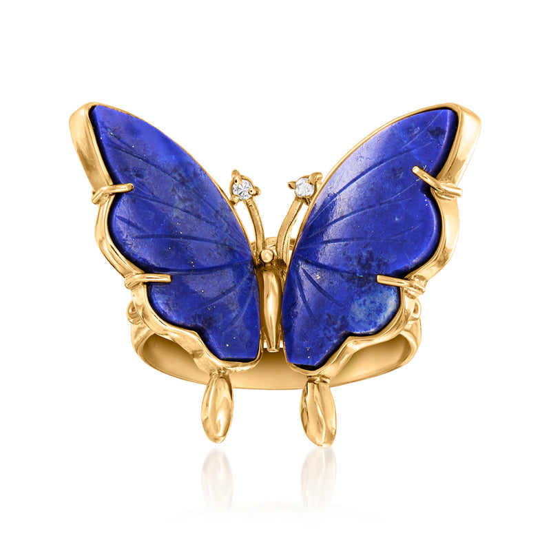 18kt yellow gold butterfly ring with blue lapis wings and small diamond accents