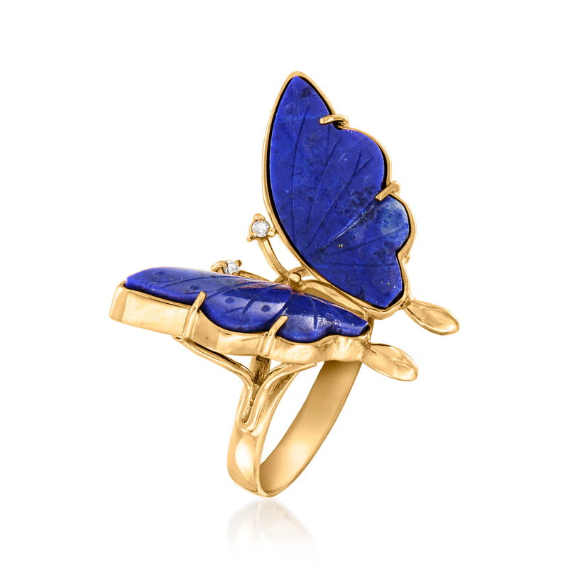 Yellow gold butterfly ring with blue lapis wings and diamond detail, side view