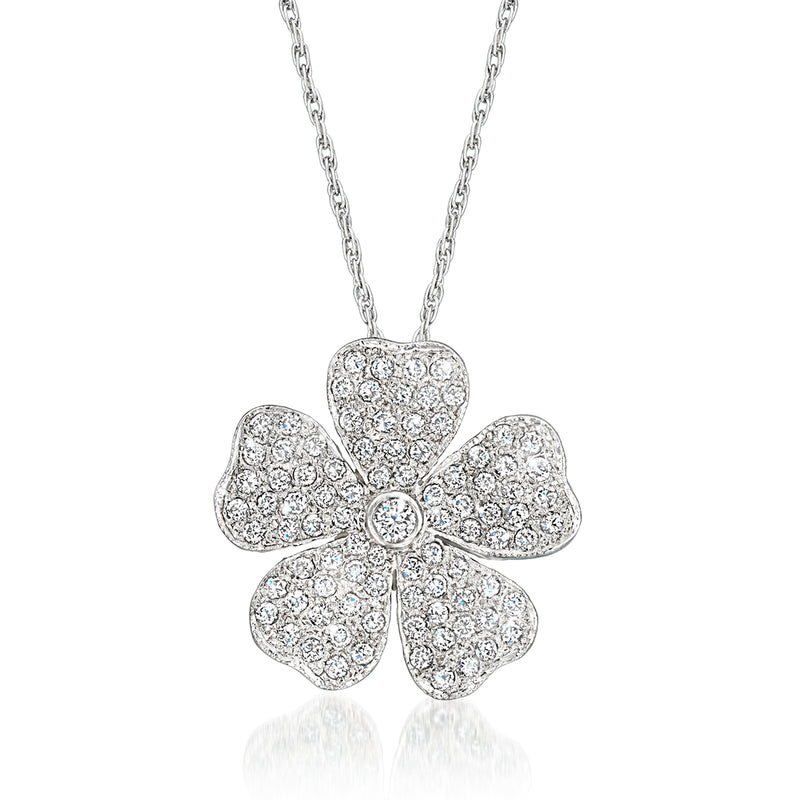 14k white gold diamond flower pendant necklace with round center stone