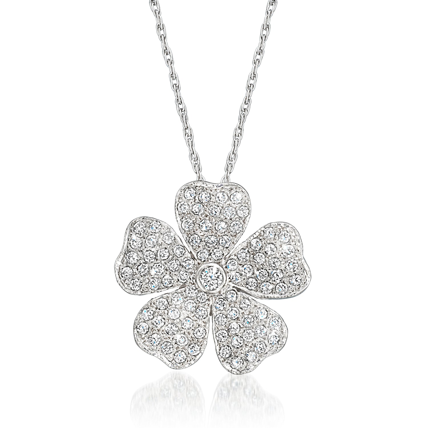 C. 1990 Vintage 1.05 ct. t.w. Diamond Flower Pendant Necklace in 14kt White Gold