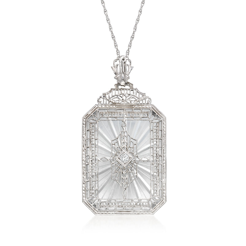 Vintage white gold pendant necklace with rock crystal openwork octagon and center diamond