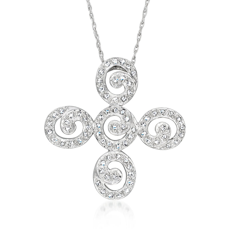 10kt white gold swirl diamond pendant necklace with round halo cluster