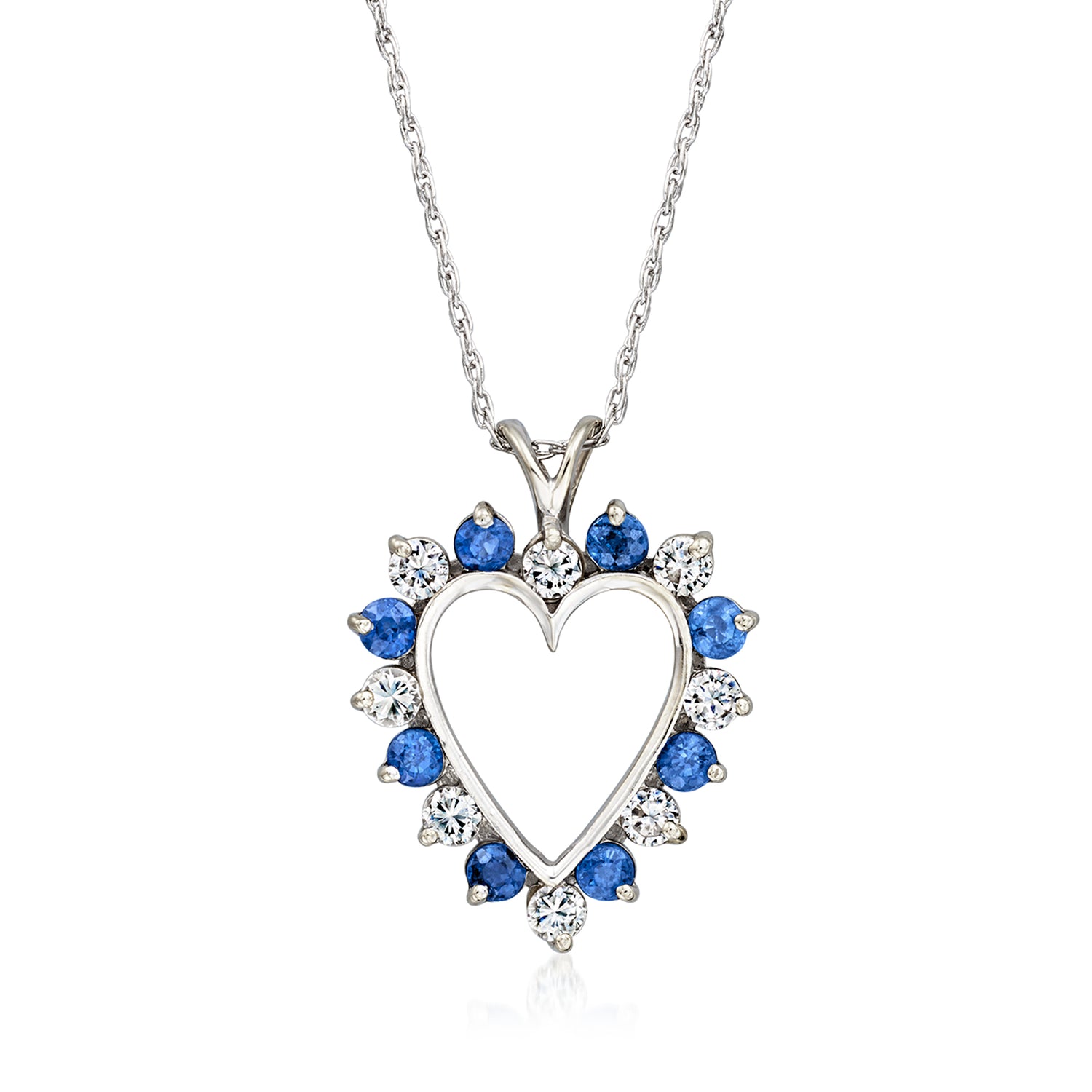 C. 1990 Vintage .80 ct. t.w. Sapphire and .55 ct. t.w. Diamond Heart Pendant Necklace in 14kt White Gold