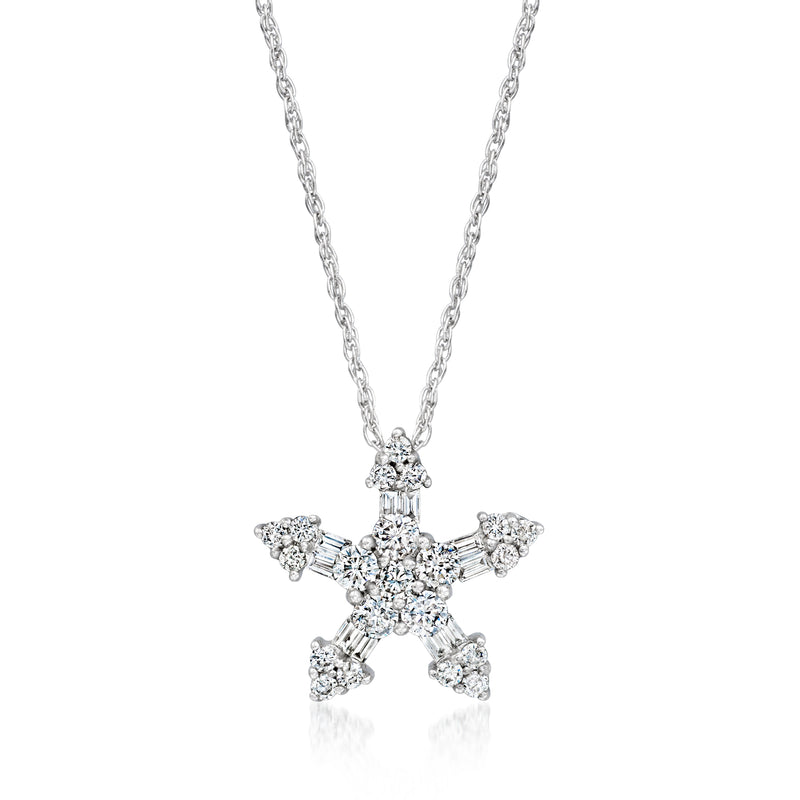 Diamond star pendant necklace, 14kt white gold chain with clustered star