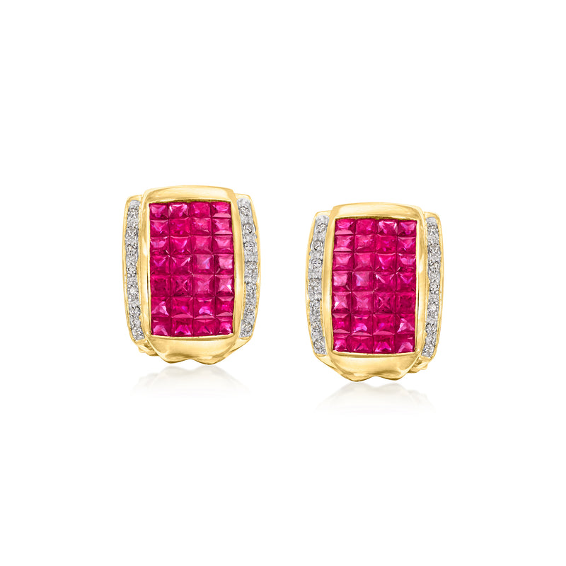 18k yellow gold ruby and diamond stud earrings with rectangular red gemstone centers
