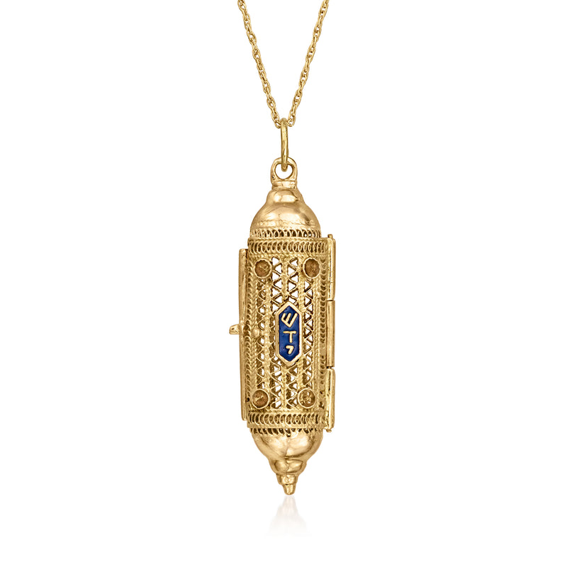 Vintage gold-tone mezuzah locket necklace with blue enamel pendant and chain