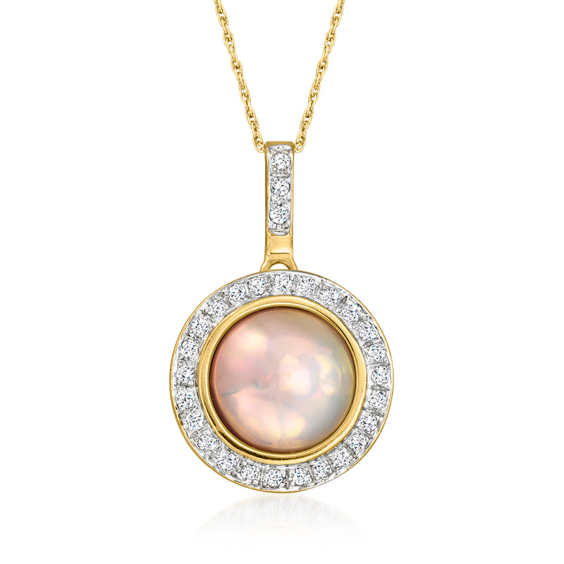 14kt yellow gold pendant necklace with round mabe pearl and diamond halo
