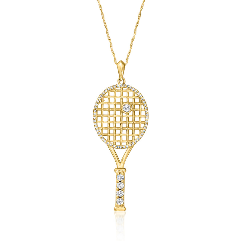 Vintage diamond tennis racket pendant necklace in yellow gold