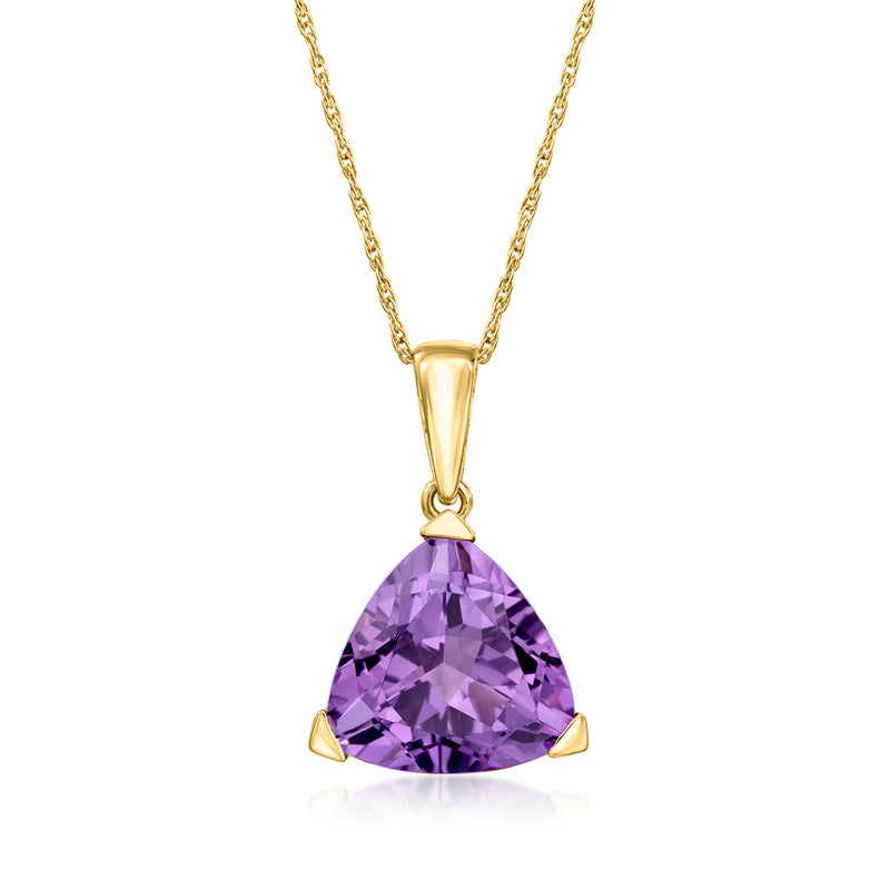 14kt yellow gold amethyst pendant necklace with triangular purple gemstone