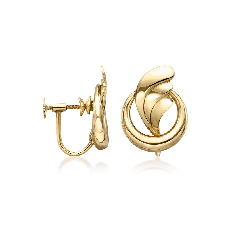 Vintage 14kt yellow gold swirl clip hoop earrings, visible hinged clip back