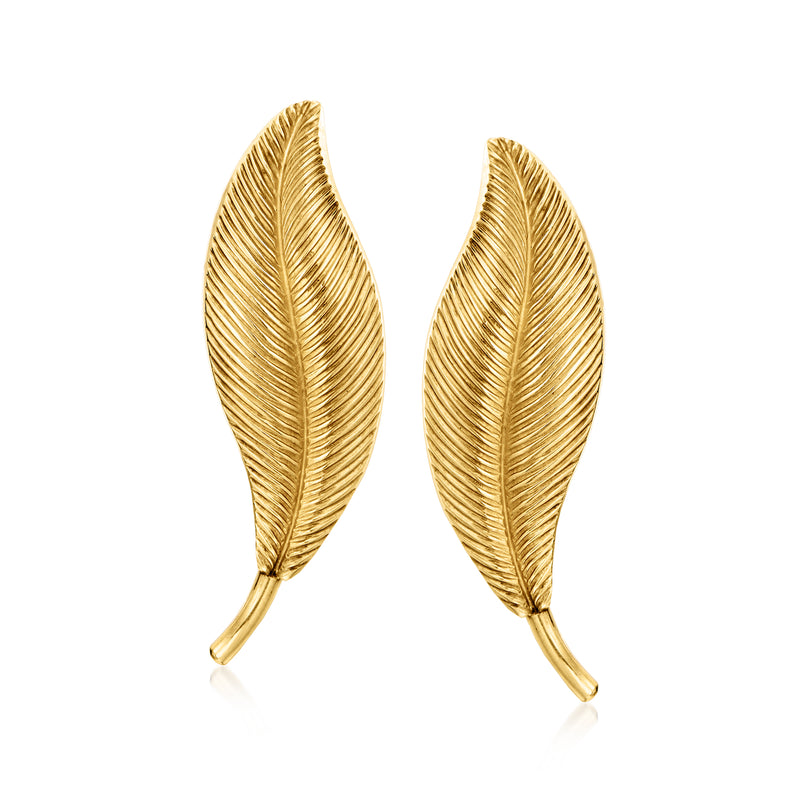 Gold leaf-shaped clip earrings, ribbed feather texture, pair.
