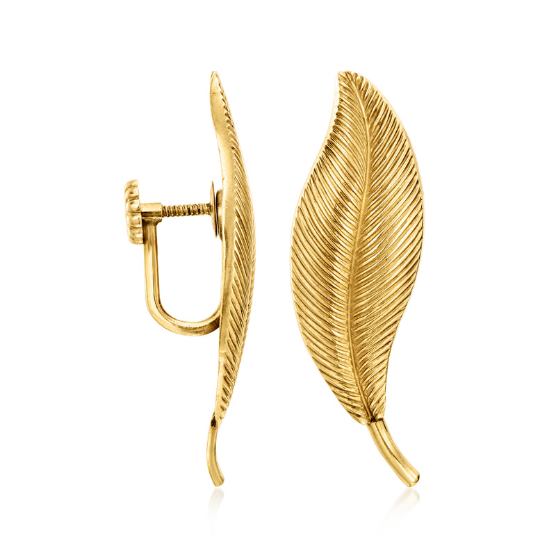 Gold leaf-shaped clip earring with hinged back clasp, ribbed feather texture.