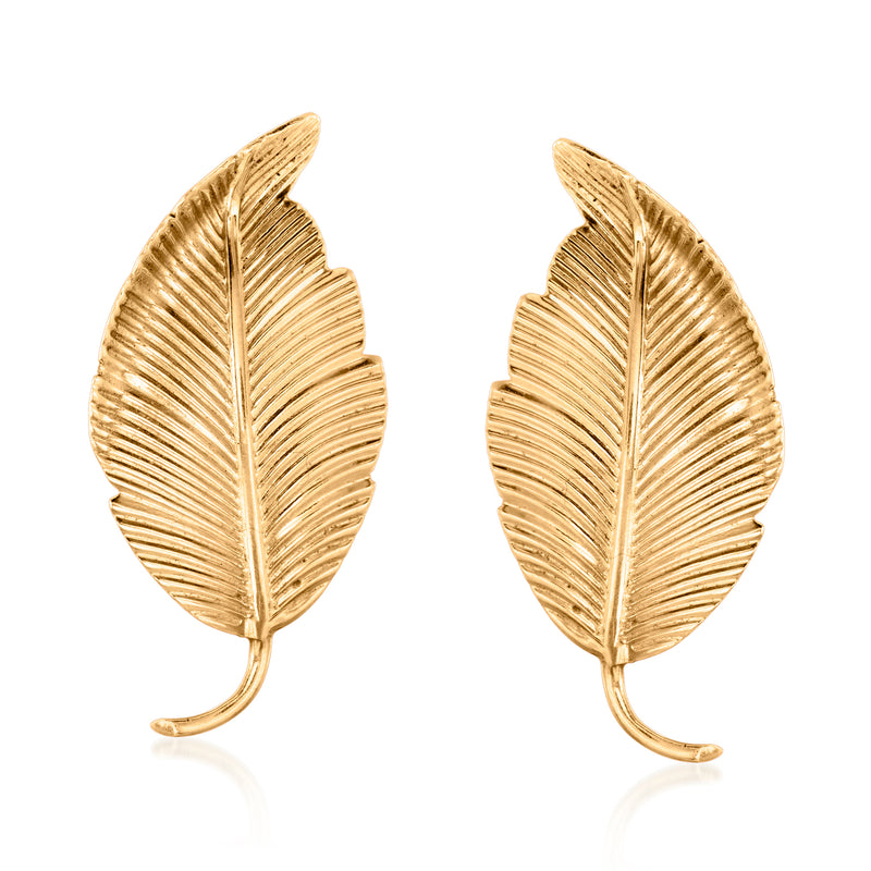 Gold leaf clip earrings with ribbed texture and curved hook backs, pair
