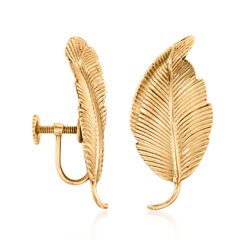 Ribbed gold leaf clip earrings with spring clasp and hook closure, pair