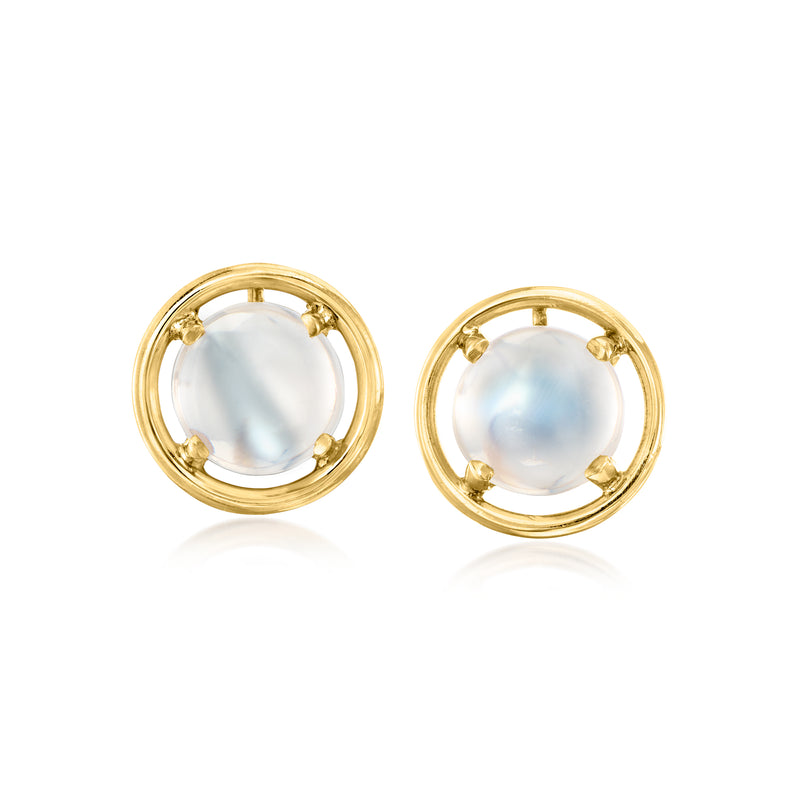 Moonstone post earrings in 14kt yellow gold with round bezel cabochons