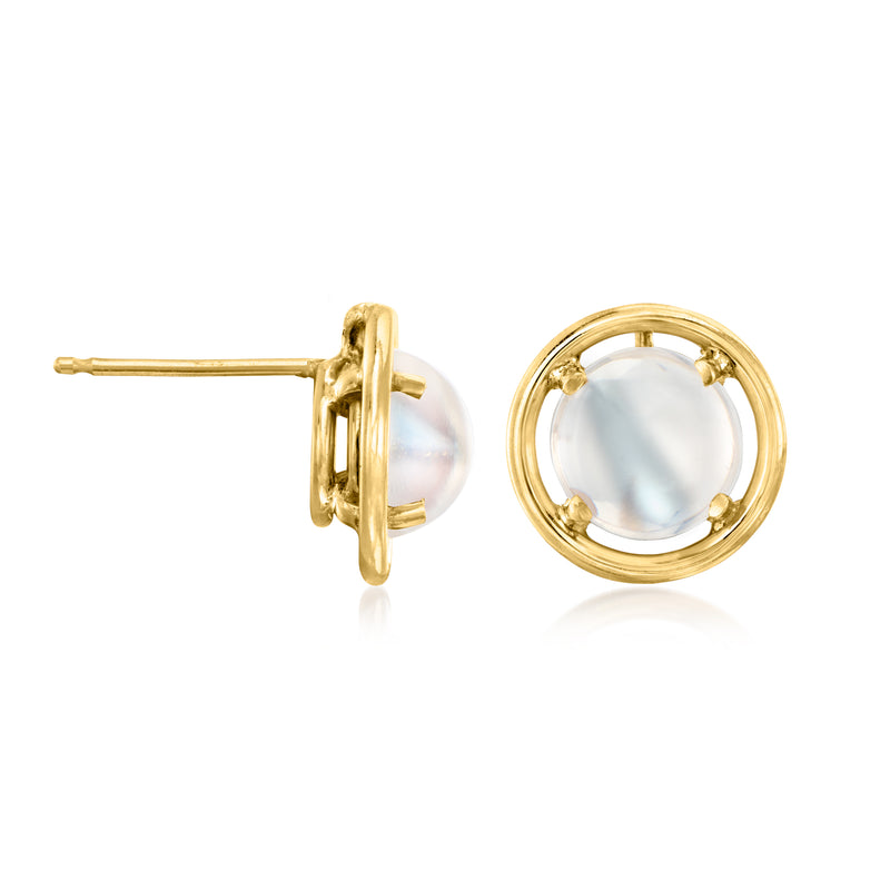 Round moonstone bezel stud earrings in 14kt yellow gold, side view with post