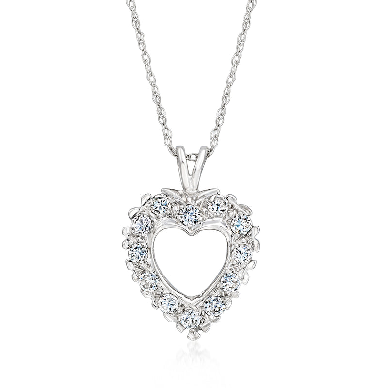 Heart diamond pendant necklace in 14kt white gold, open heart setting with clear stones