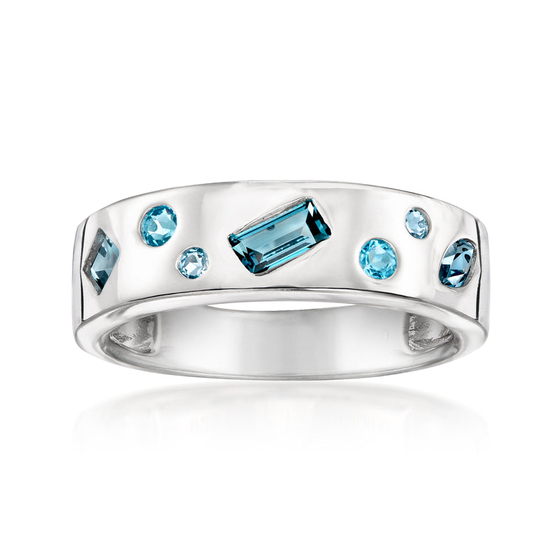 Sterling silver ring with scattered blue topaz gemstones, domed top