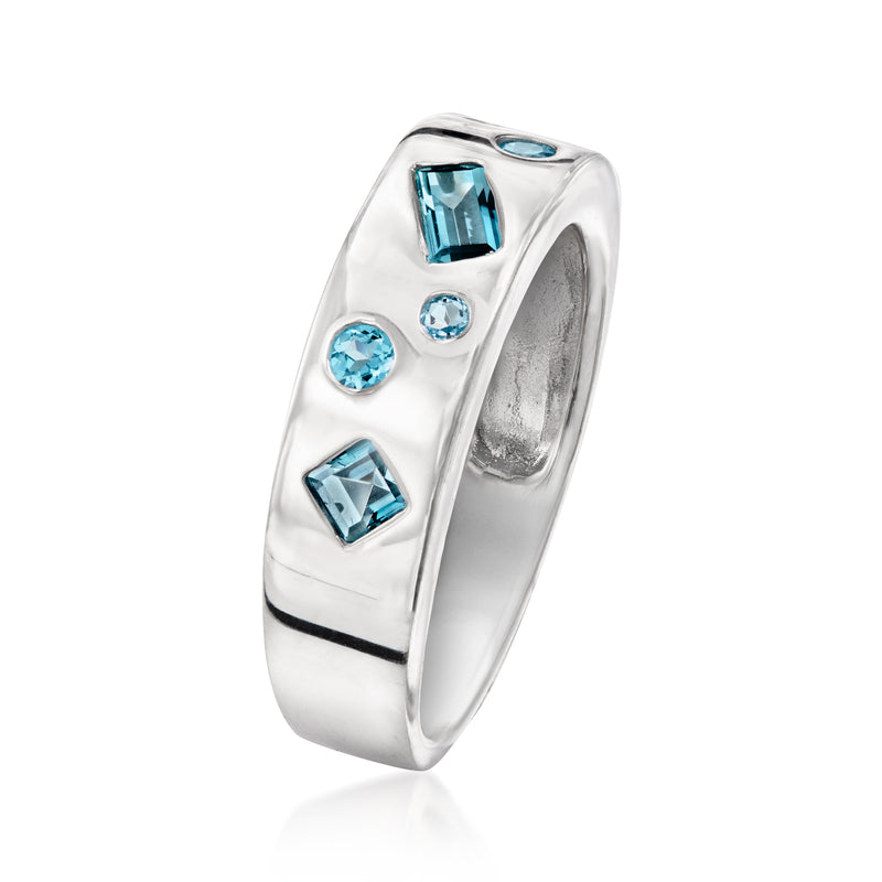 Sterling silver topaz ring with rectangular and round blue gemstones
