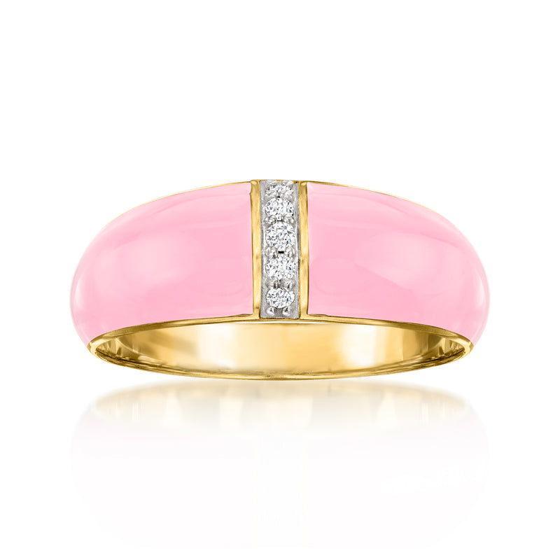 Pink enamel dome ring with diamond center strip in gold