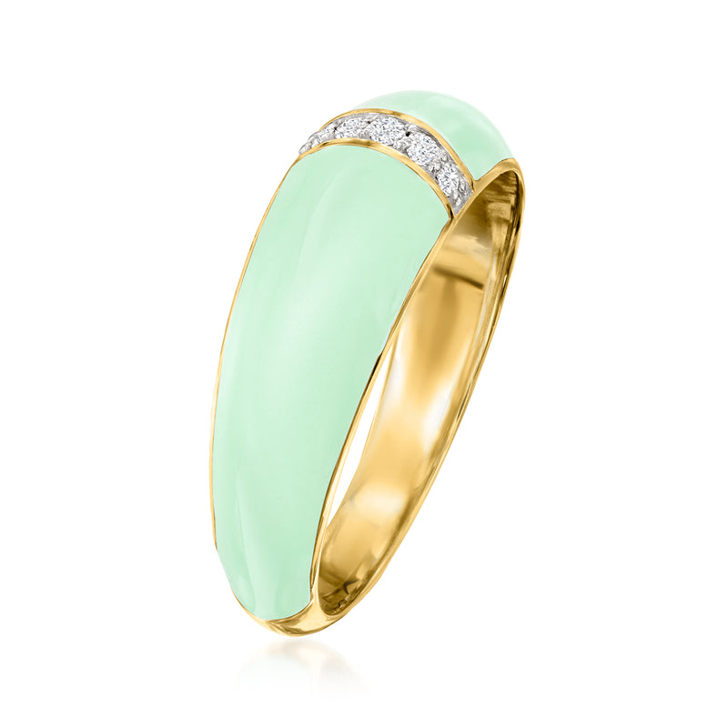 Pastel green enamel dome ring side view with diamond halo on gold band
