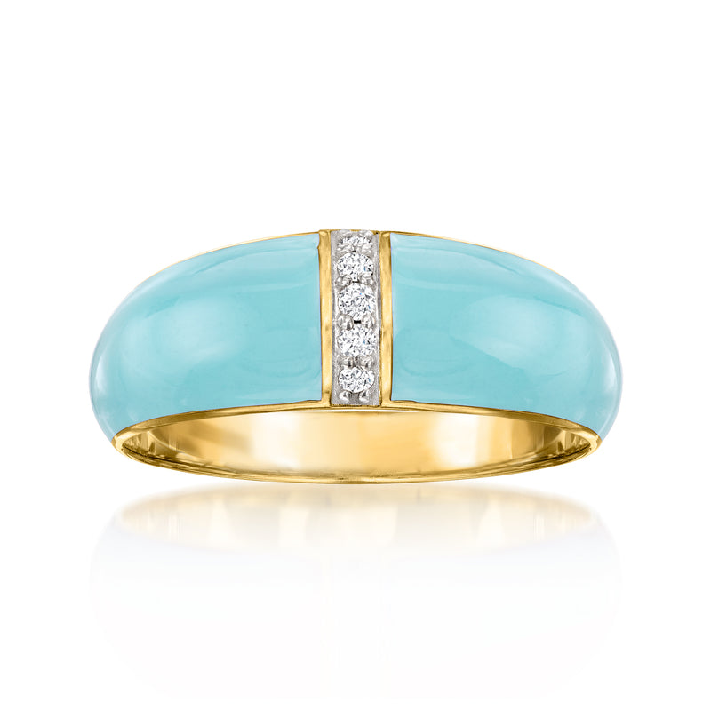 Pastel blue enamel dome ring with diamond side band, 18kt gold over sterling