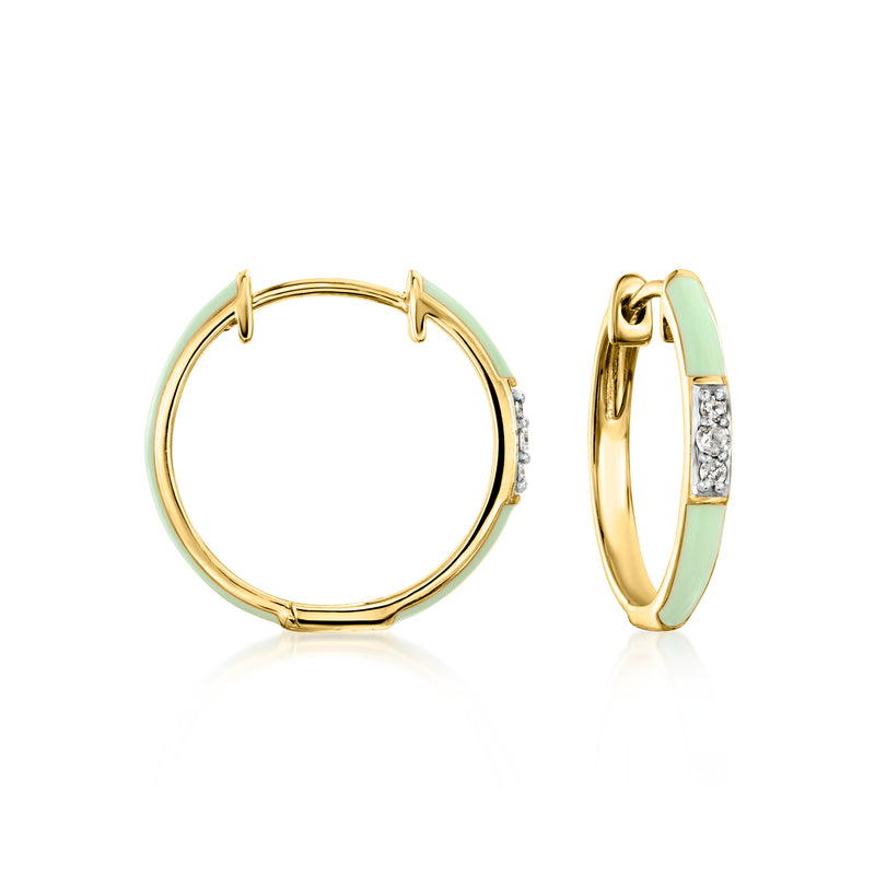 Pastel green enamel hoop earrings with gold-tone settings and small diamond accents