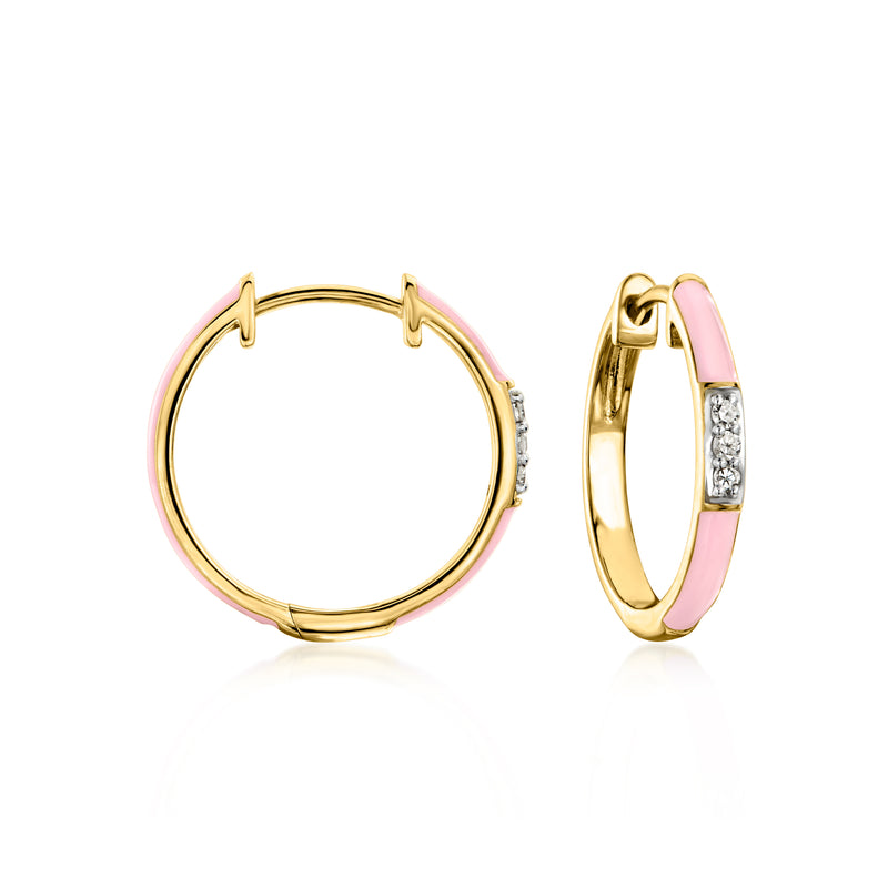 Pastel pink enamel hoop earrings with diamond accents on gold-tone hoops