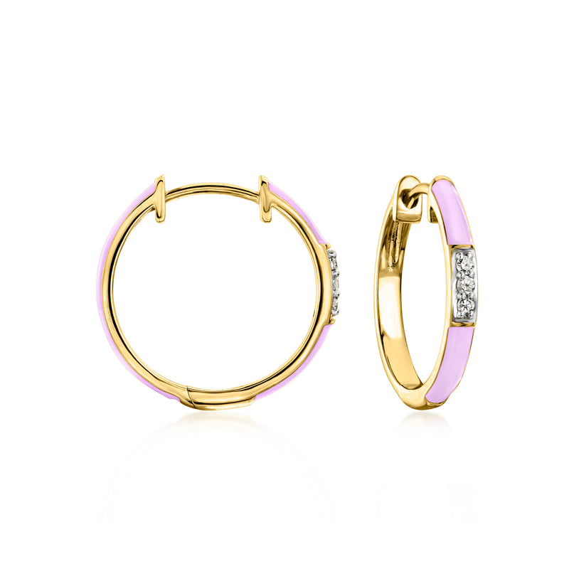 Gold hoop earrings with pastel purple enamel and small diamond accents, hinged clasp