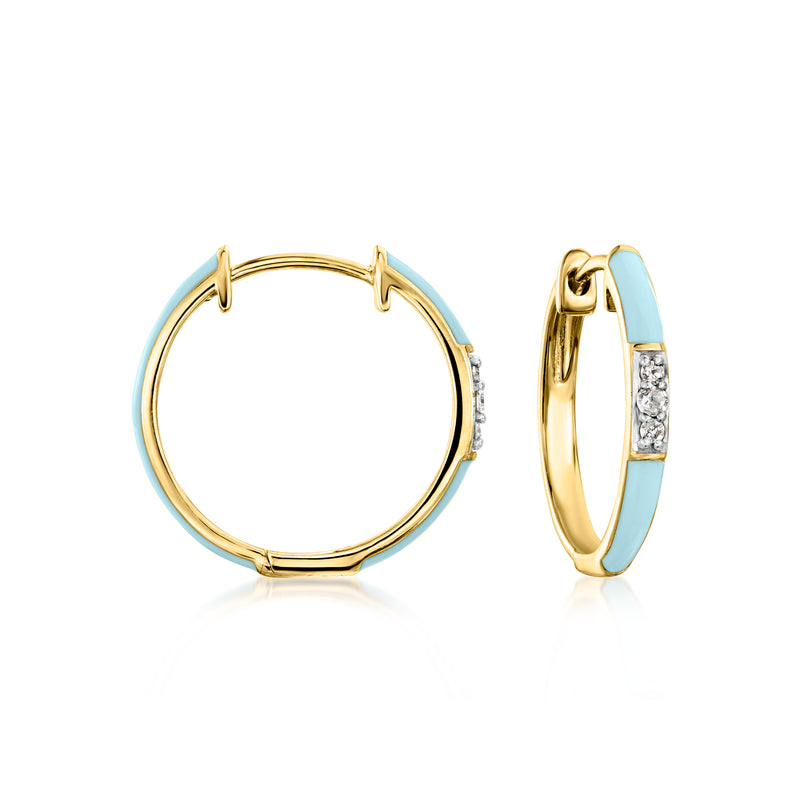 Gold hoop earrings with pastel blue enamel and small diamond accents