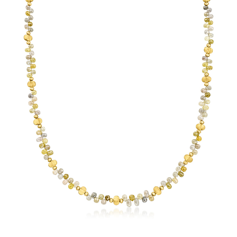 18kt yellow gold diamond bead necklace with multicolored briolette beads