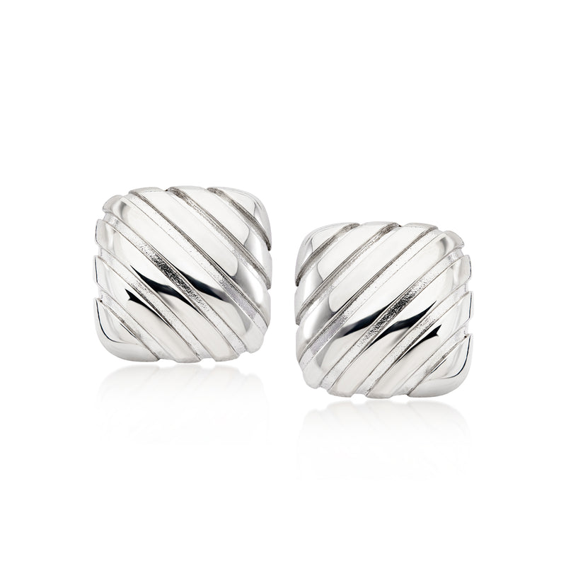 Sterling silver striped square clip-on earrings with ridged detail