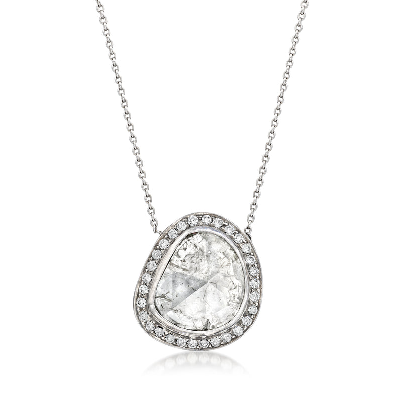 18kt white gold diamond slice pendant with halo, teardrop silhouette on chain