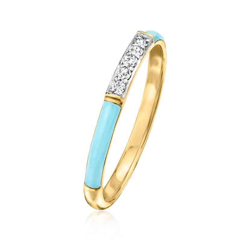 Pastel blue enamel ring with diamond accents in gold-tone sterling silver