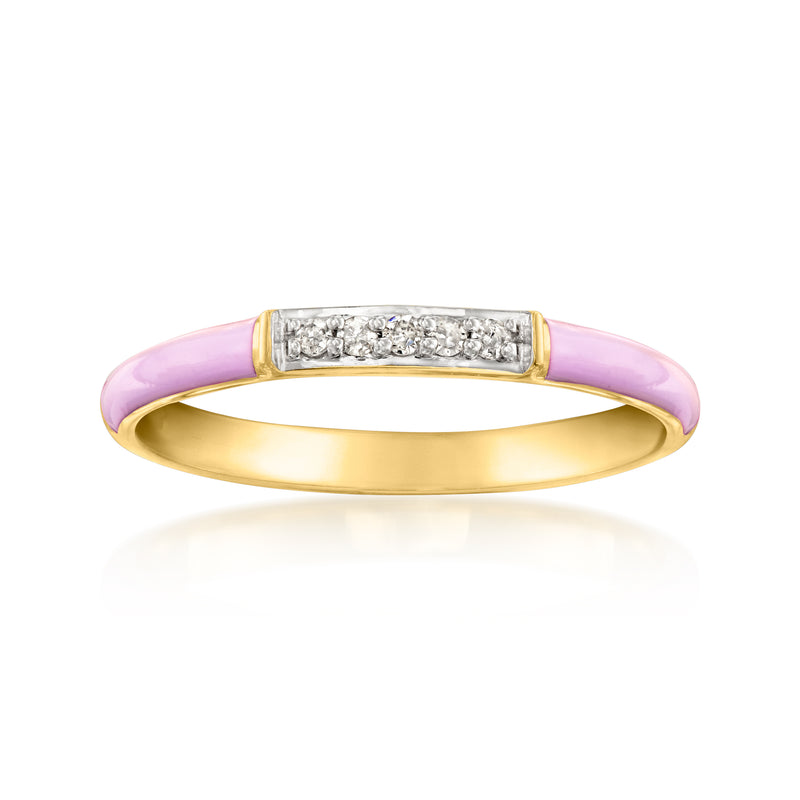 Pastel purple enamel ring with diamond row on 18kt gold band, slim profile
